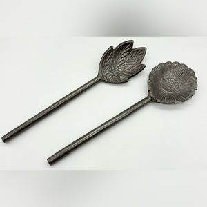 Pewter Flower Salad Serving Set Fork & Spoon